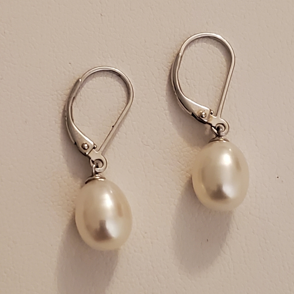 Sterling Silver Pearl Leverback Earrings